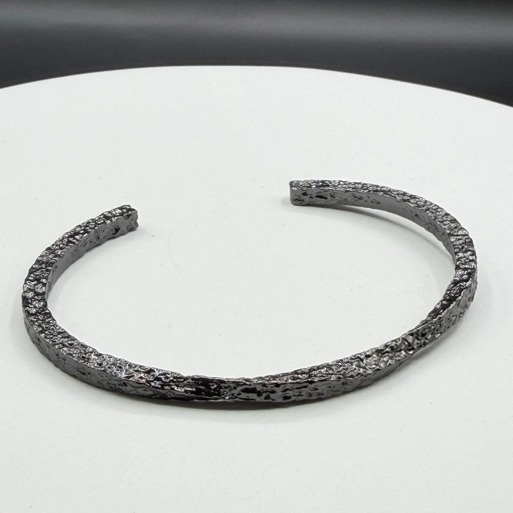 Gunmetal Silver Tone Textured Open Cuff Bracelet Gothic Boho Statement Jewelry
